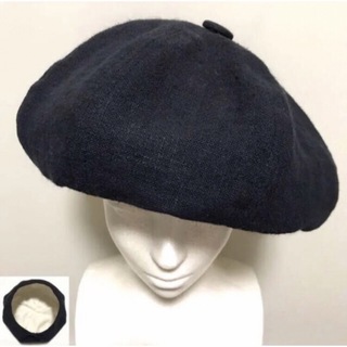 黒 リネン 麻 ベレー帽 ハンドメイド サイズ調節(ハンチング/ベレー帽)
