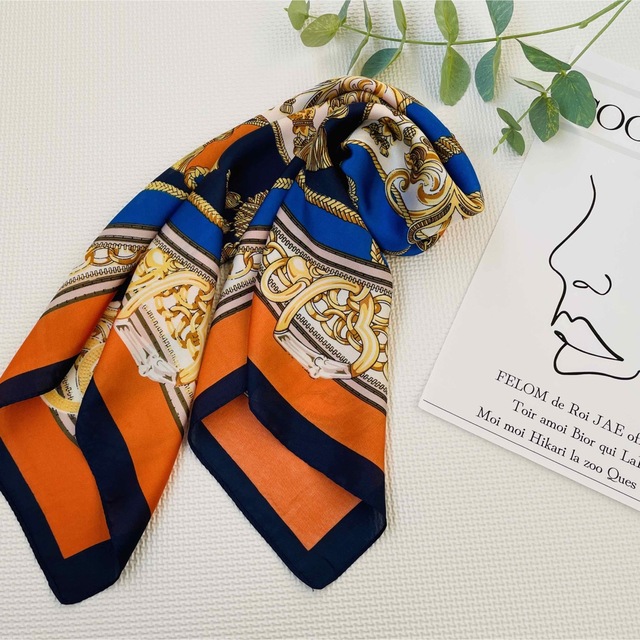 【匿名配送】大判スカーフ タッセルロープ柄 オレンジ レディースのファッション小物(バンダナ/スカーフ)の商品写真
