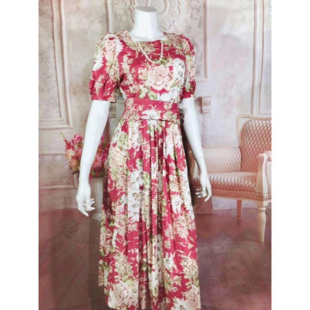 LAURA ASHLEY - LAURA ASHLEY レッドフラワー ロングドレスワンピース7