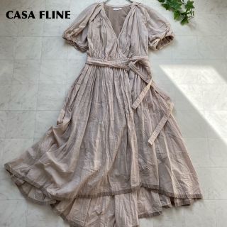 カーサフライン(CASA FLINE)のカーサフライン リネンイレヘム半袖ワンピース フリー ベージュ カシュクール 麻(ロングワンピース/マキシワンピース)