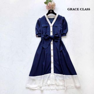 グレースコンチネンタル(GRACE CONTINENTAL)の【良品】グレースクラス　リネンタッチバイカラーワンピース　半袖　ロング丈　36(ロングワンピース/マキシワンピース)