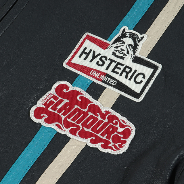 HYSTERIC GLAMOUR(ヒステリックグラマー)のHYSTERIC GLAMOUR ヒステリックグラマー ジャケット ゴートスキン レザー シングル ライダースジャケット レーシング レース ダーク 22AW ネイビー 紺 L アウター ブルゾン 【メンズ】【中古】【美品】 メンズのジャケット/アウター(ライダースジャケット)の商品写真