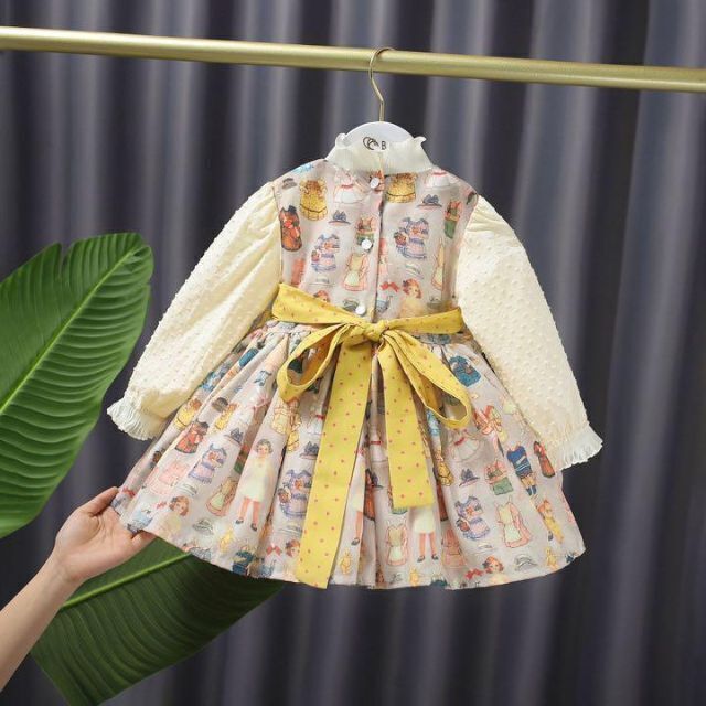 エプロンワンピ ロリータ イエロー カントリー フリフリ リボン パニエ 韓国 キッズ/ベビー/マタニティのキッズ服女の子用(90cm~)(ワンピース)の商品写真