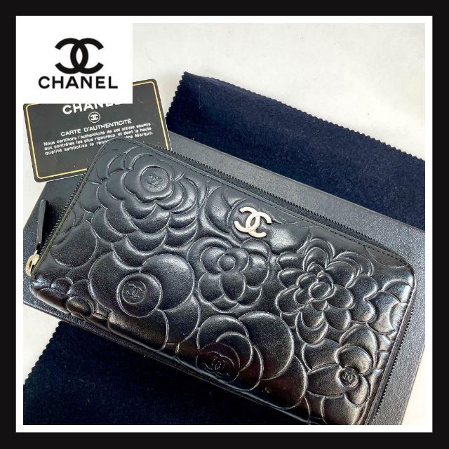 CHANEL シャネル カメリア ラウンドファスナー 長財布 シール有 美品