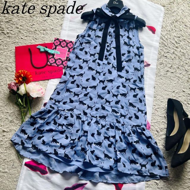 良品】kate spade 猫柄ワンピース リボンタイ ブルー 総柄 4 L