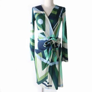 エミリオプッチ(EMILIO PUCCI)の極美品☆正規品 EMILIO PUCCI エミリオプッチ 17RL33 プッチ柄 カシュクール ウール100% 長袖 ベルト付 ワンピース グリーン系 38 伊製 J04-st30320-101(ロングワンピース/マキシワンピース)