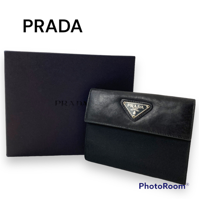 【希少】PRADA イタリア製 ナイロン レザー 三角ロゴ 二つ折り 財布