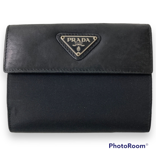 未使用級✨PRADA 三つ折り財布 三角ロゴ ナイロン レザー テースト 黒