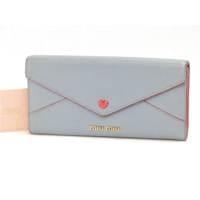 ミュウミュウ 長財布 レター型 ハートボタン 青 ブルー系 miumiu 即日