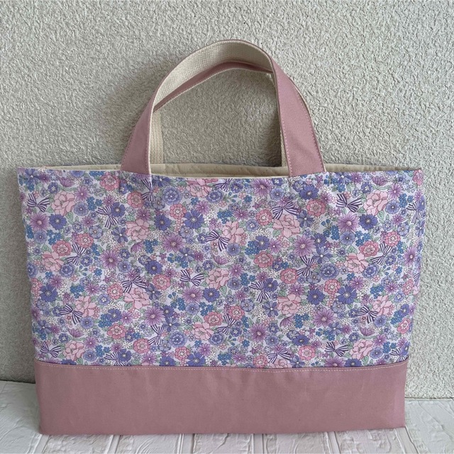 レッスンバッグ ハンドメイド パープル花柄レース付