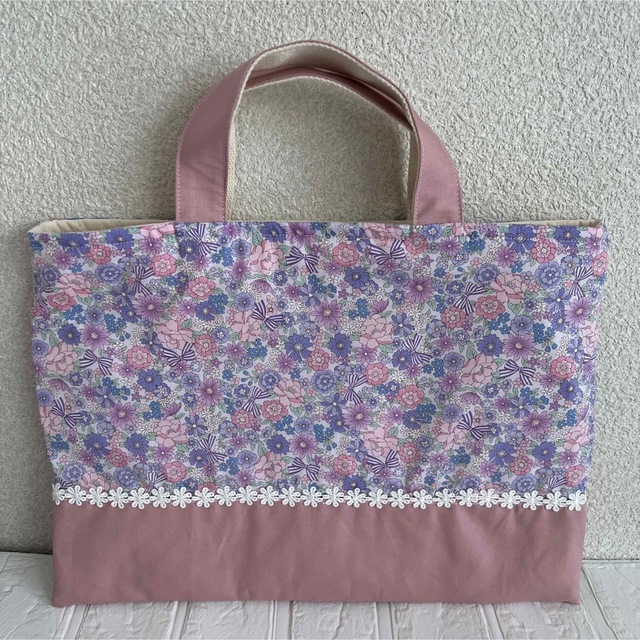 レッスンバッグ ハンドメイド パープル花柄レース付 | フリマアプリ ラクマ