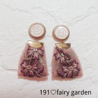 191♡2wayインド刺繍リボン×大人カボション（4color）ピアスイヤリング(ピアス)