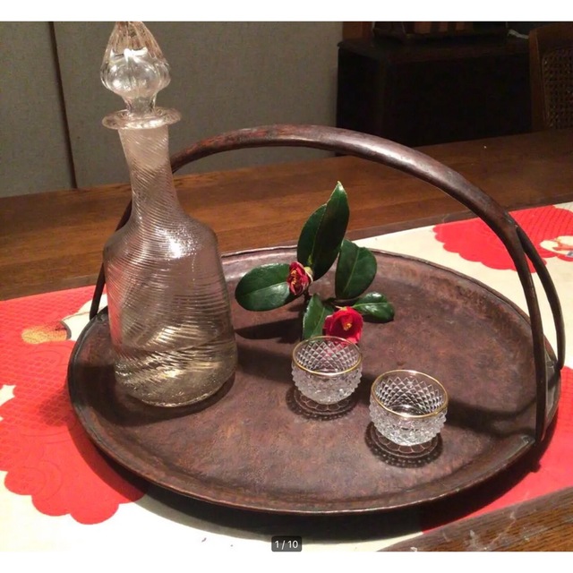 A663 煎茶道具 古銅提手打出盆 菓子器 抹茶 煎茶盆 盆 骨董 1客 愛用