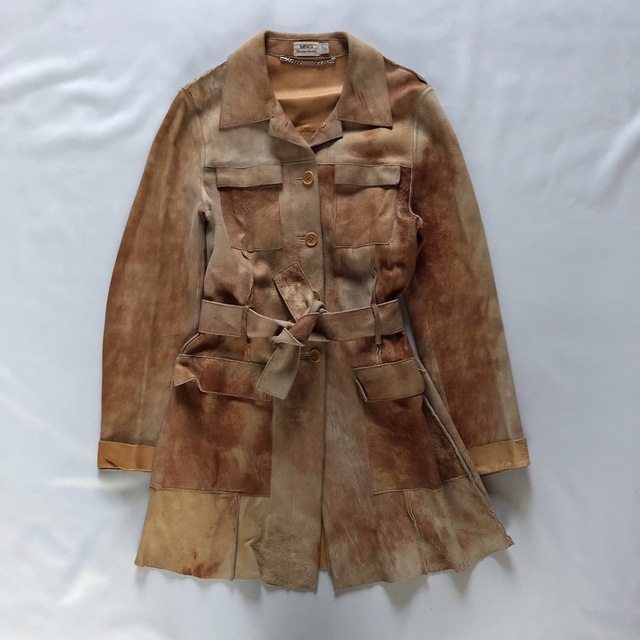 90s vintage】レザートレンチコート ツギハギ ヒッピー 古着 柔らかな