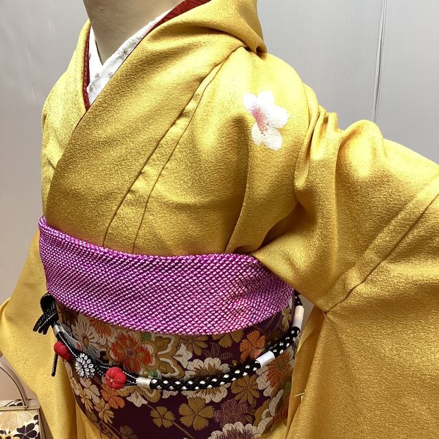 振袖 お仕立て付き 正絹 京友禅 黄色地古典花衣桁文様柄 新品 hr118tの