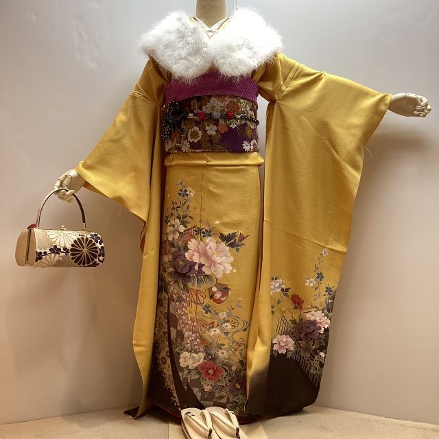 振袖 お仕立て付き 正絹 京友禅 黄色地古典花衣桁文様柄 新品 hr118t