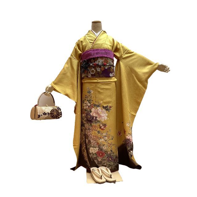 振袖 お仕立て付き 正絹 京友禅 黄色地古典花衣桁文様柄 新品 hr118tの