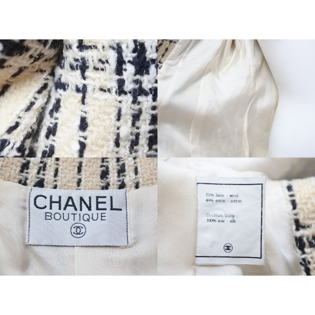 CHANEL シャネル ツイードジャケット ブレザー アウター ココマークボタン ウール コットン アイボリー ブラック 美品  48168