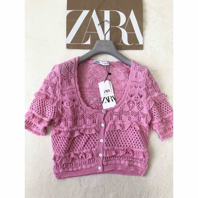 ZARA(ザラ)の匿名配送　新品　ZARA レースニット　コットン レース 鍵あみ　カーディガン レディースのトップス(カーディガン)の商品写真