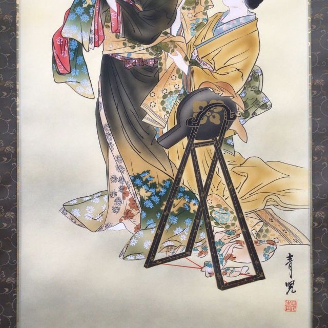 模写】掛軸 田口青児『よそおい 美人図』絹本 肉筆 共箱付 掛け軸 k471