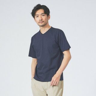 アバハウス(ABAHOUSE)の【ネイビー】【マイクロ鹿の子】シルケット Vネック Tシャツ(Tシャツ/カットソー(半袖/袖なし))