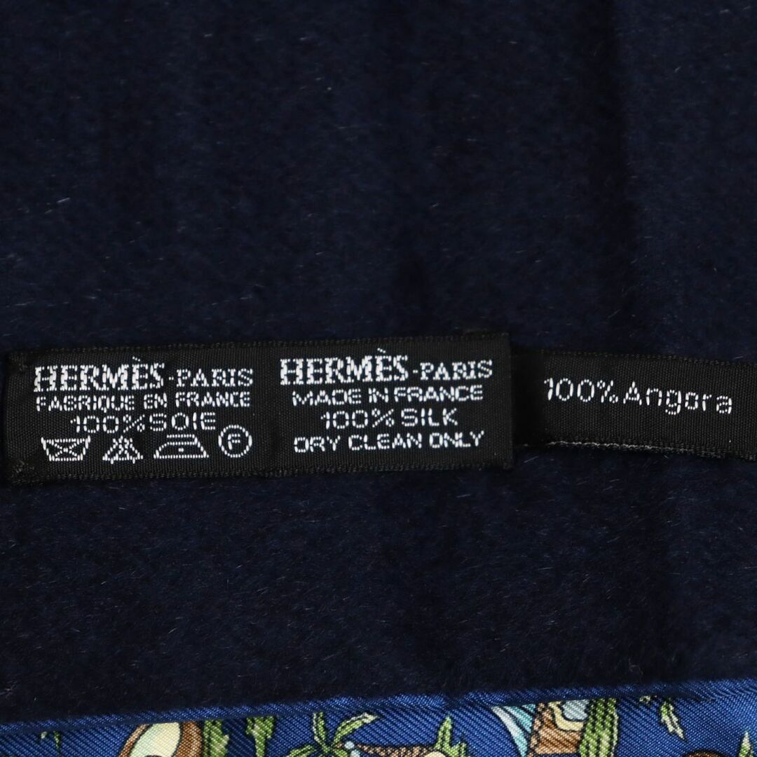 美品●HERMES エルメス シルク×アンゴラ リバーシブル 総柄 ヤシの木 貝 フリンジマフラー/ストール ブルー系×ネイビー フランス製 q08-st30303-141