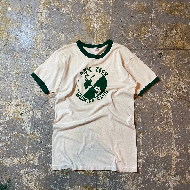 70s チャンピオン リンガーtシャツ USA製 グリーン L 染み込みプリント ...
