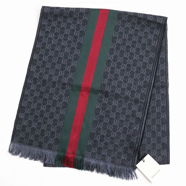 Gucci(グッチ)の未使用●2020年製 GUCCI グッチ 14735 GG柄 シェリーライン フリンジ付き マフラー/ストール ブラック系 37×180 イタリア製 正規品 q08-st30323-691 メンズのファッション小物(マフラー)の商品写真