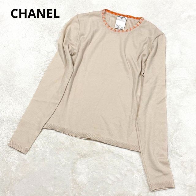 シャネル カシミヤ100% ネックロゴ ココマーク クルーネックニット 38-