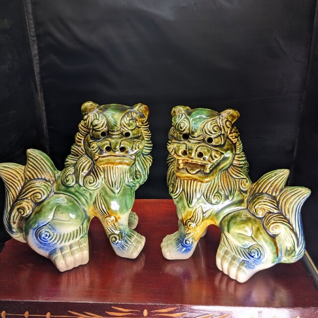 陶芸☆a919、沖縄県伝統工芸品　壺屋焼　シーサー　唐獅子　一対２匹