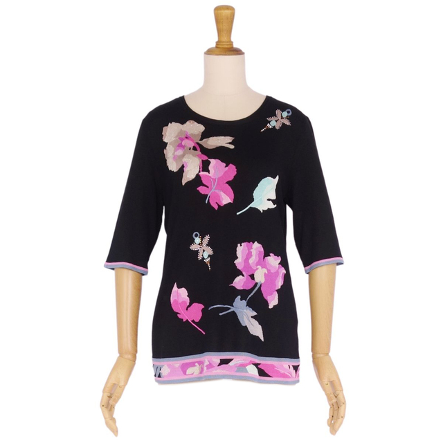極美品 レオナール LEONARD FASHION ニット セーター 半袖 花柄 総柄 ラインストーン シルク トップス レディース 40(M相当) マルチカラー