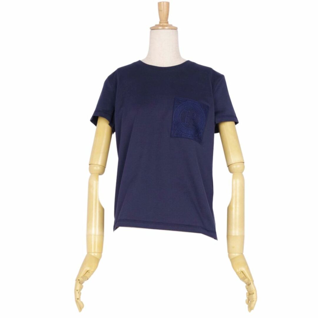 未使用 エルメス HERMES Tシャツ 2023SS カットソー 刺繍入りポケット コットン トップス レディース フランス製 36(S相当) ブルー・ネイビー