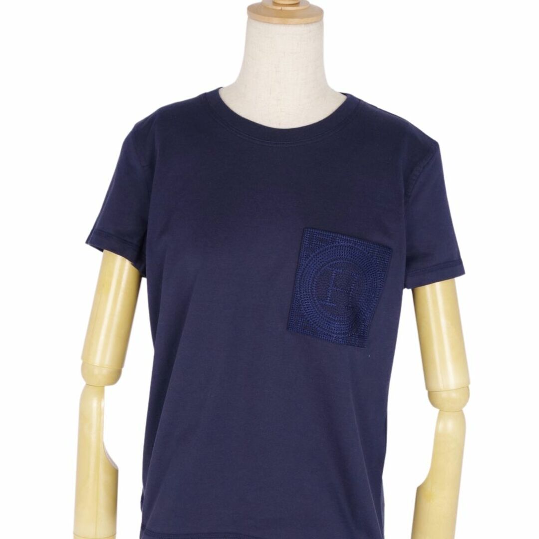 未使用 エルメス HERMES Tシャツ 2023SS カットソー 刺繍入りポケット コットン トップス レディース フランス製 36(S相当) ネイビー