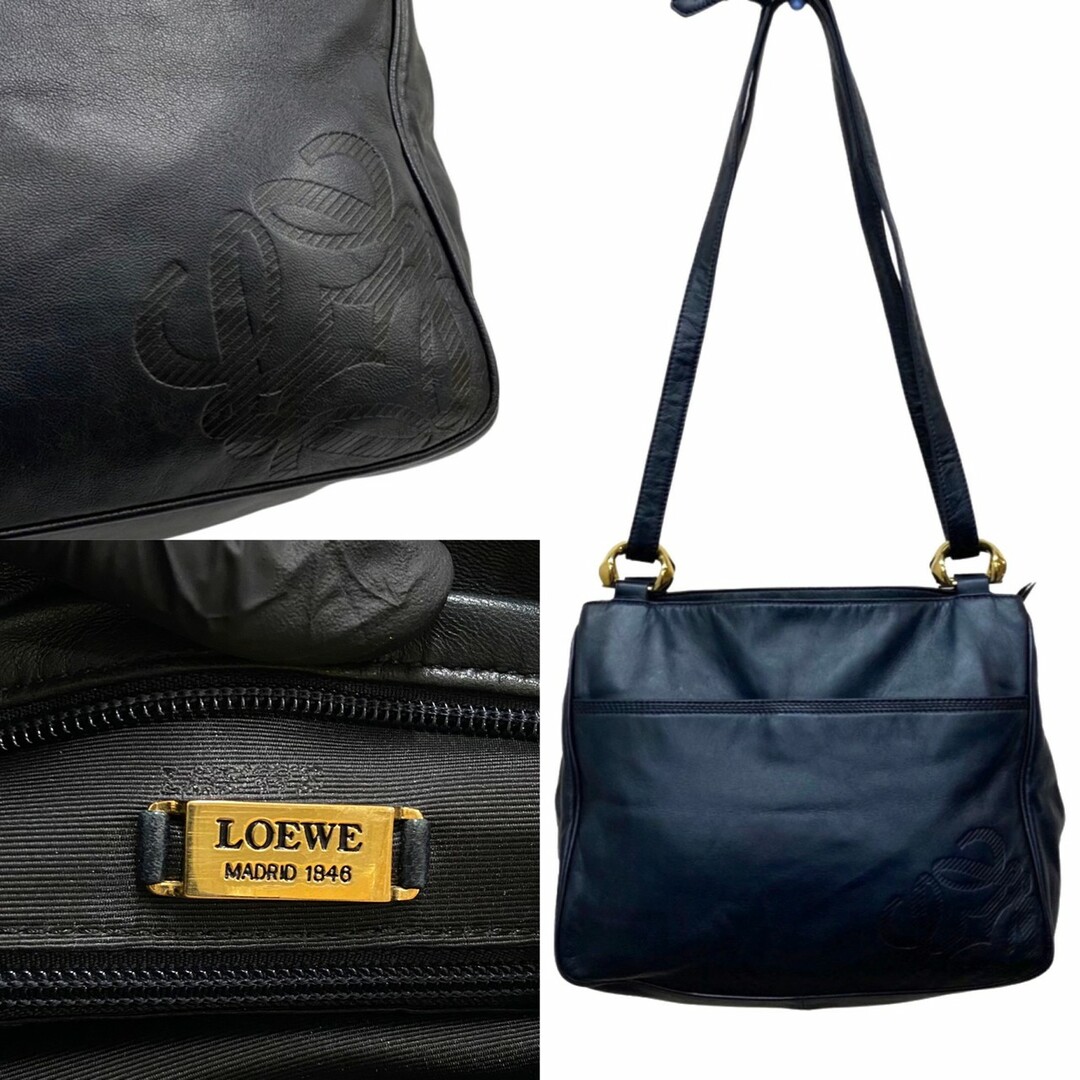 極 美品 希少品 LOEWE ロエベ アナグラム ロゴ ナッパレザー 本革 セミ ショルダーバッグ ミニ ハンドバッグ ネイビー 34367