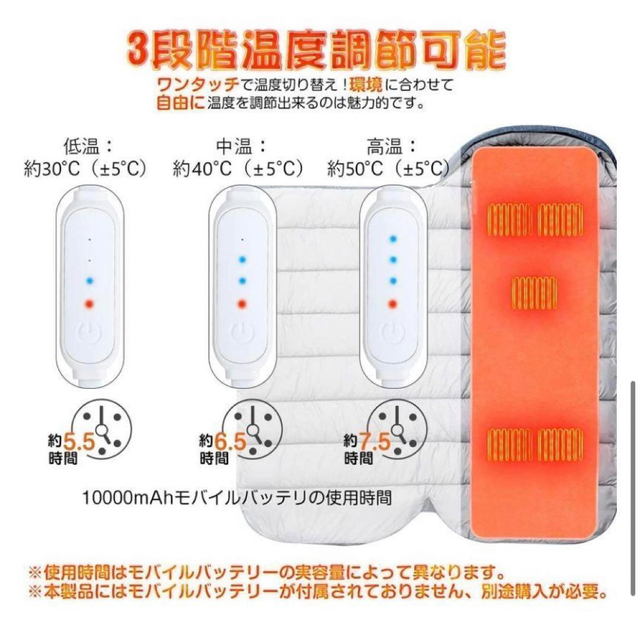 ２枚組 寝袋用 発熱パッド USB 3段階 温度調節 シュラフ ヒーターマット スポーツ/アウトドアのアウトドア(寝袋/寝具)の商品写真