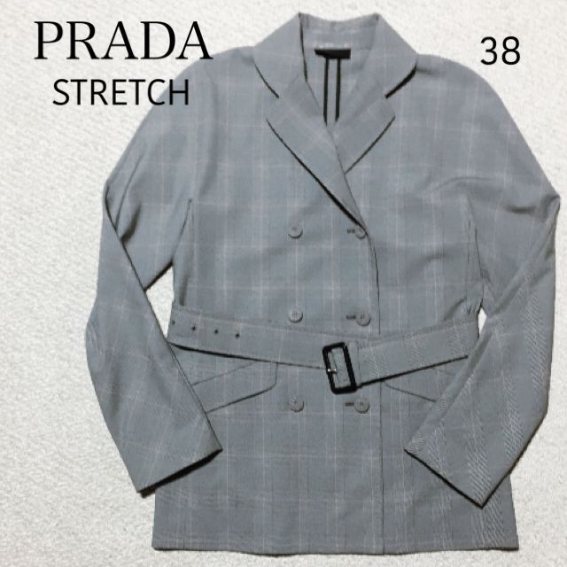 PRADA ベルト付 ストレッチコート 38/プラダ グレンチェック ジャケット