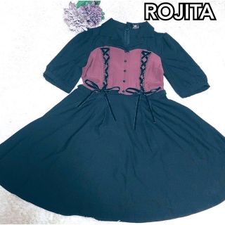 ロジータ(ROJITA)の107★美品★ロジータ リボン　レース　フリル　半袖ワンピース　ワインレッド(ひざ丈ワンピース)