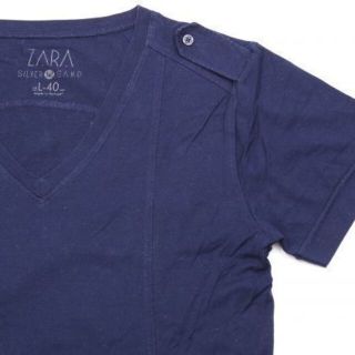 ザラ(ZARA)の美品★ZARAMAN ザラマン★VネックミリタリーシャツL★40★ネイビー紺(Tシャツ/カットソー(半袖/袖なし))