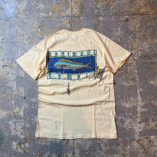 ヘインズ(Hanes)の80s Hanes ヘインズ ポケtシャツ USA製 ライトイエロー M 魚柄(Tシャツ/カットソー(半袖/袖なし))