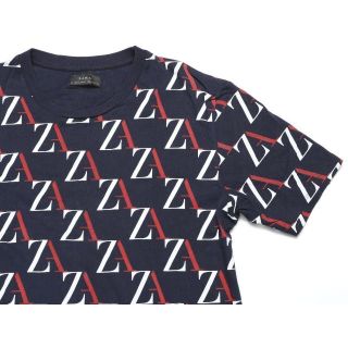 ザラ(ZARA)のZARAMAN ザラマン★ZA総柄クルーネック半袖TシャツM★ネイビー紺★難有(Tシャツ/カットソー(半袖/袖なし))