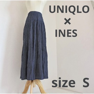 ユニクロ(UNIQLO)のUNIQLO×INES ドッド柄スカート　ネイビー(ロングスカート)