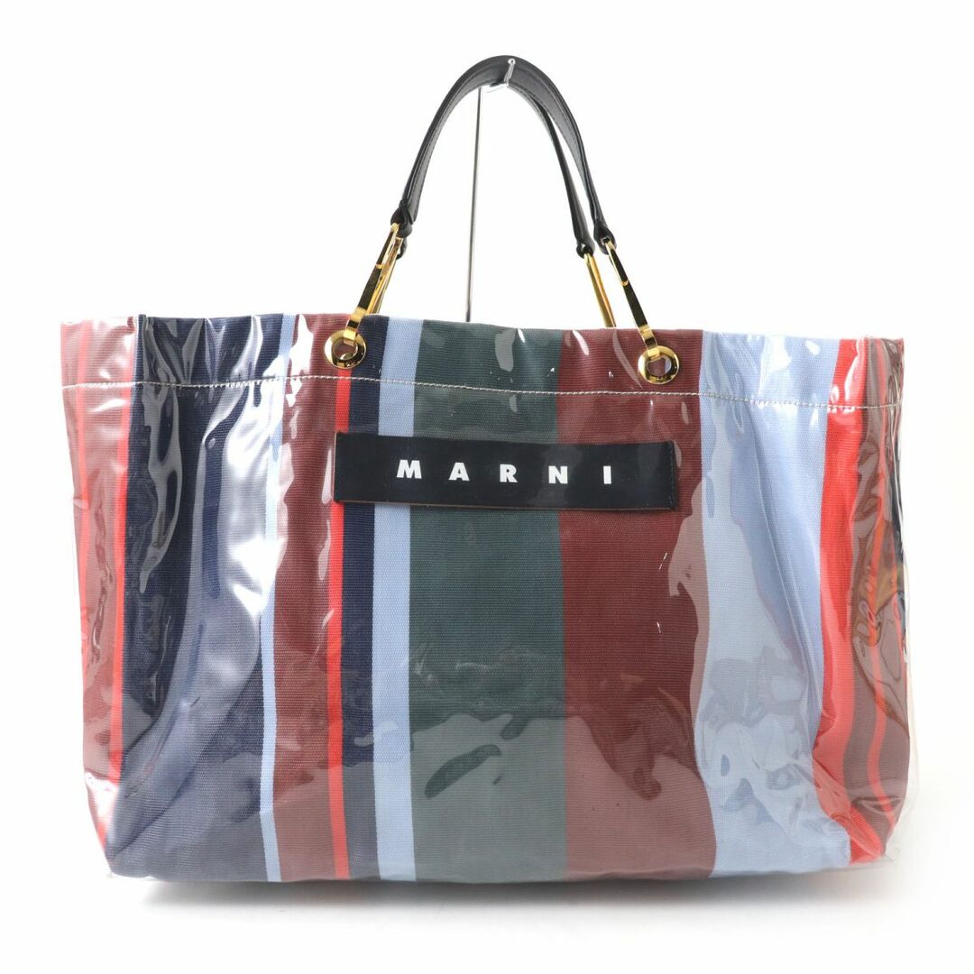 美品◎伊製 MARNI マルニ SHMP0017Q0 レディース トートバッグ ラージ ショッピングバッグ ストライプ柄 マルチ ブルー系 保管袋付き　m08-st30323-851