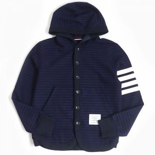 トムブラウン(THOM BROWNE)の美品□THOM BROWNE/トムブラウン 4BAR ボーダー柄 ウール100％ フーデッド 長袖 ニットカーディガン ネイビー 0 日本製 正規品 メンズ　t09-st30322-502(カーディガン)