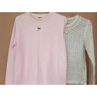 ピンクビーズ刺繍ワンポイント長袖&白かき編み(Tシャツ/カットソー)