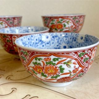 有田焼 喜峰窯 赤絵花鳥 丼ぶり揃 5客セット どんぶり 染付 中鉢 古