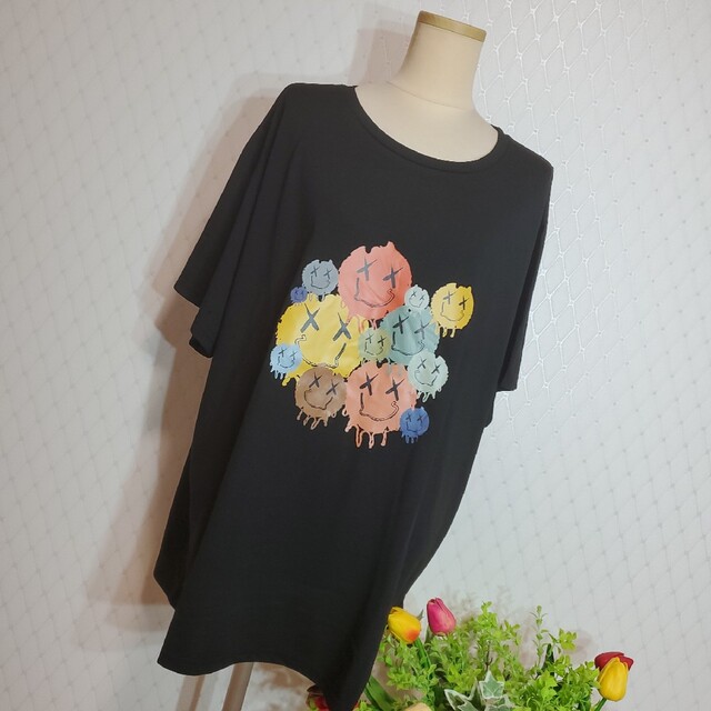 613『5L』ポイントブラックTシャツ♡チュニック♡大きいサイズ レディースのトップス(Tシャツ(半袖/袖なし))の商品写真