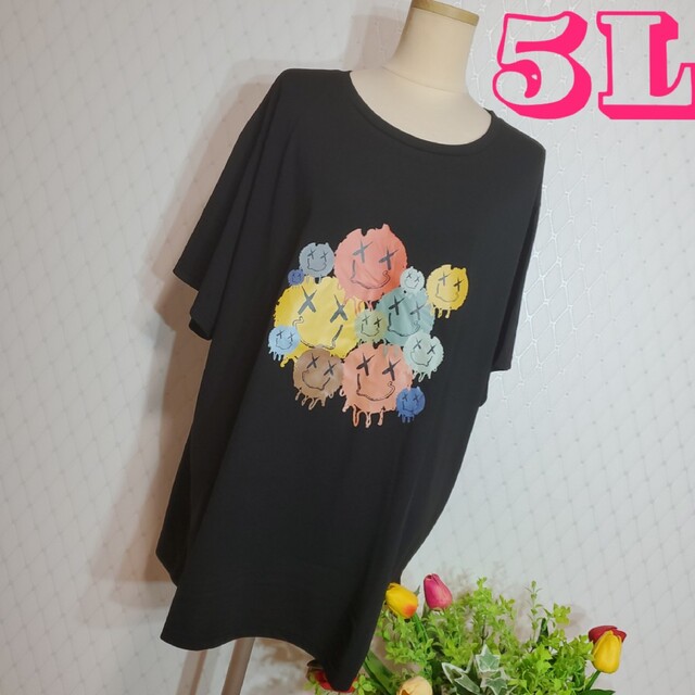 613『5L』ポイントブラックTシャツ♡チュニック♡大きいサイズ レディースのトップス(Tシャツ(半袖/袖なし))の商品写真