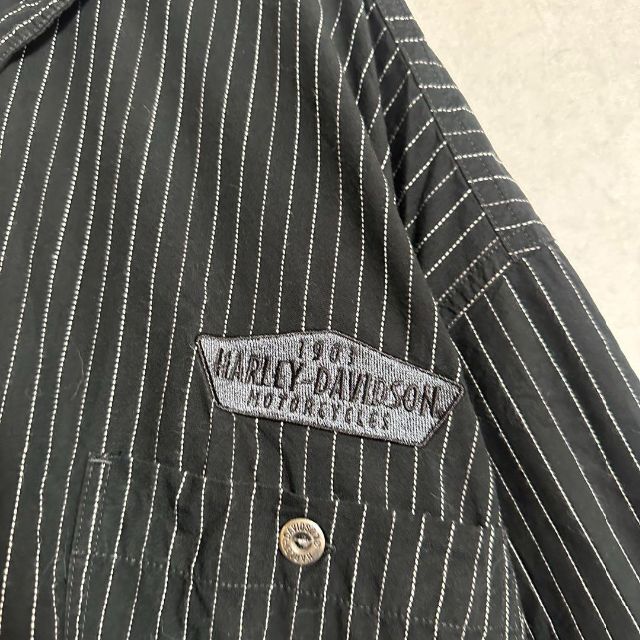 ハーレーダビットソン　長袖シャツ　ブラック　ストライプ　刺繍ロゴ
