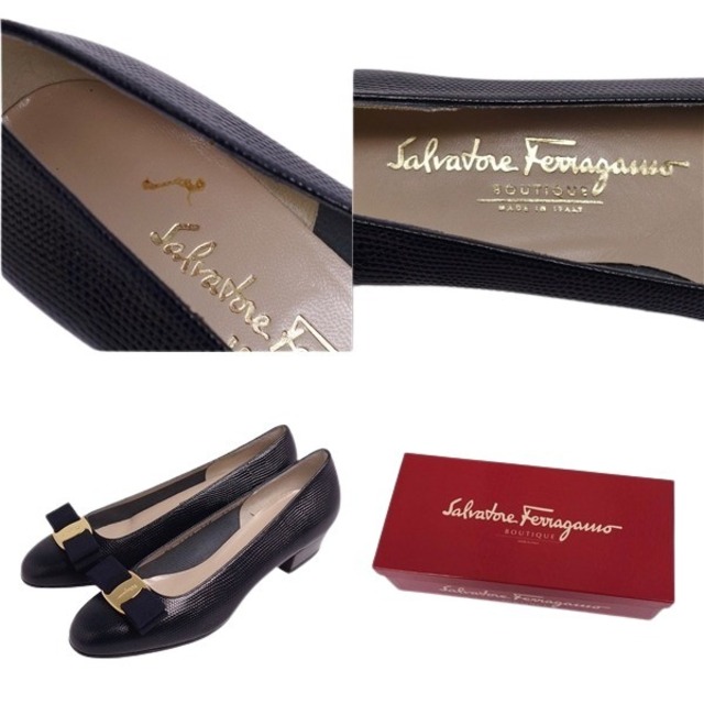 Samantha Kingz(サマンサキングズ)の未使用 サルヴァトーレ フェラガモ Salvatore Ferragamo パンプス ヒール ヴァラリボン リザード型押し シューズ レディース 5.5C(22.5cm相当) ブラック レディースの靴/シューズ(ハイヒール/パンプス)の商品写真