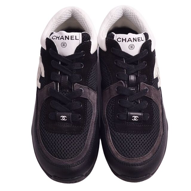 美品 シャネル CHANEL スニーカー 22C G38299 レースアップ ココマーク レザー シューズ 靴 レディース イタリア製 36 ブラック/ホワイト